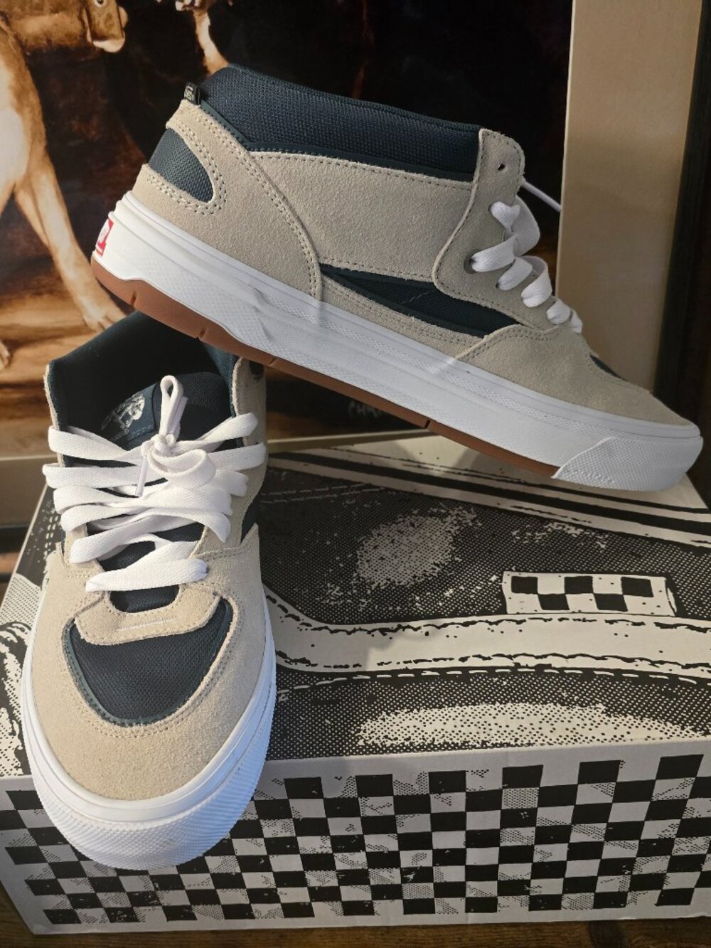 Vans Skate Half Can Wafflecup VN000D9ZEKD Oatmeal / Teal / Green Shoes Mens 10